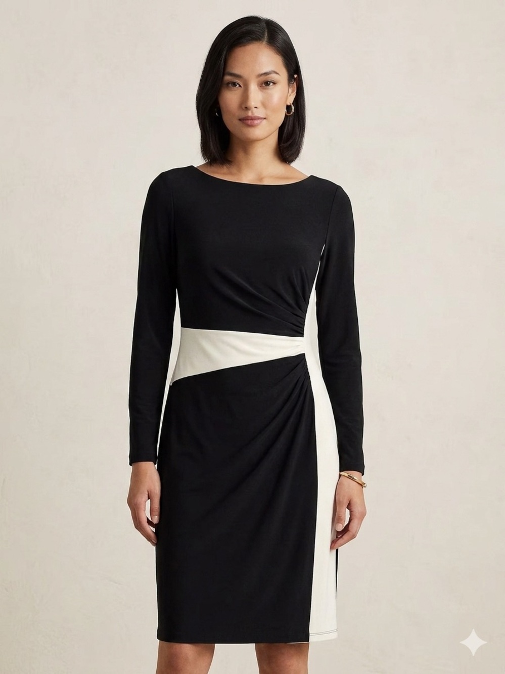 Lauren Ralph Lauren Black and Cream Long Sleeve Ruched Sheath Dress